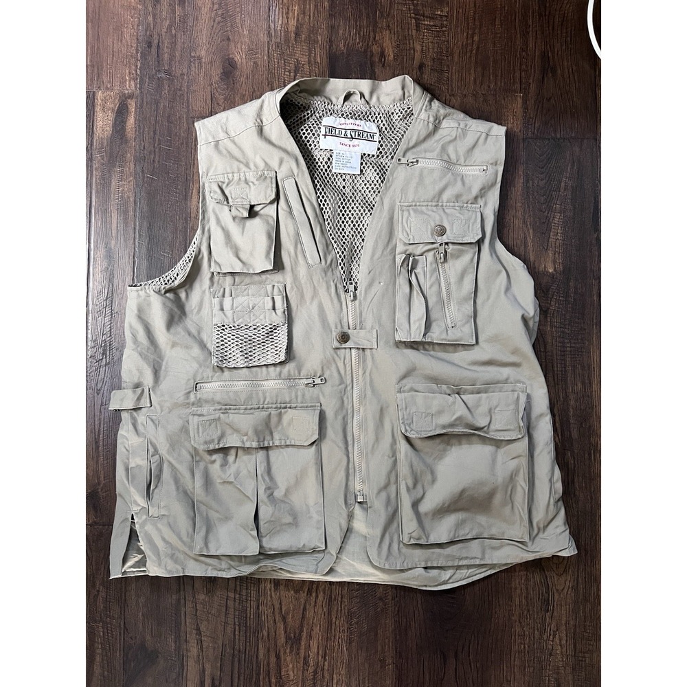 VTG Field & Stream Fly Fishing Vest Mens XL Khaki Multipocket Outdoors Zip Vent